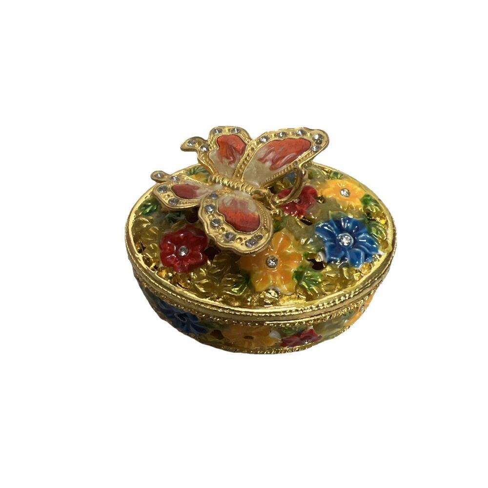 Beautiful Ornate Colorful Flower And Butterfly Trinket Box .6.3/ 4.7/ 3.5 cm
